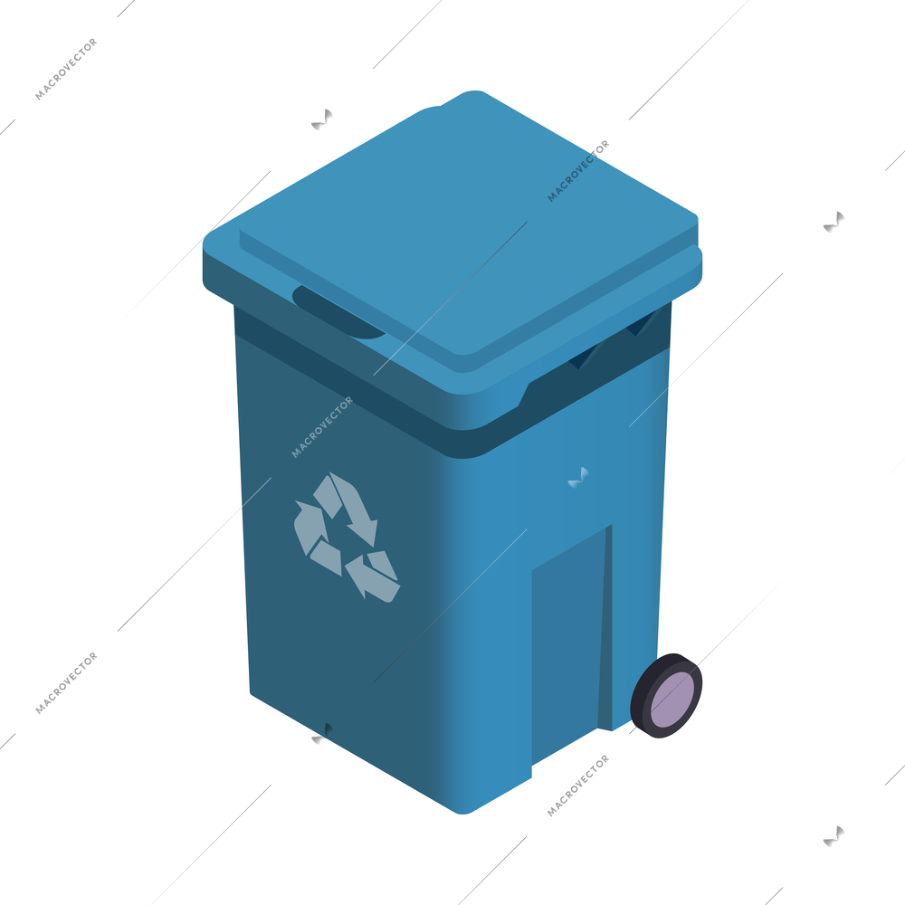 Garbage recycling sorting icon with isometric blue bin 3d vector illustration