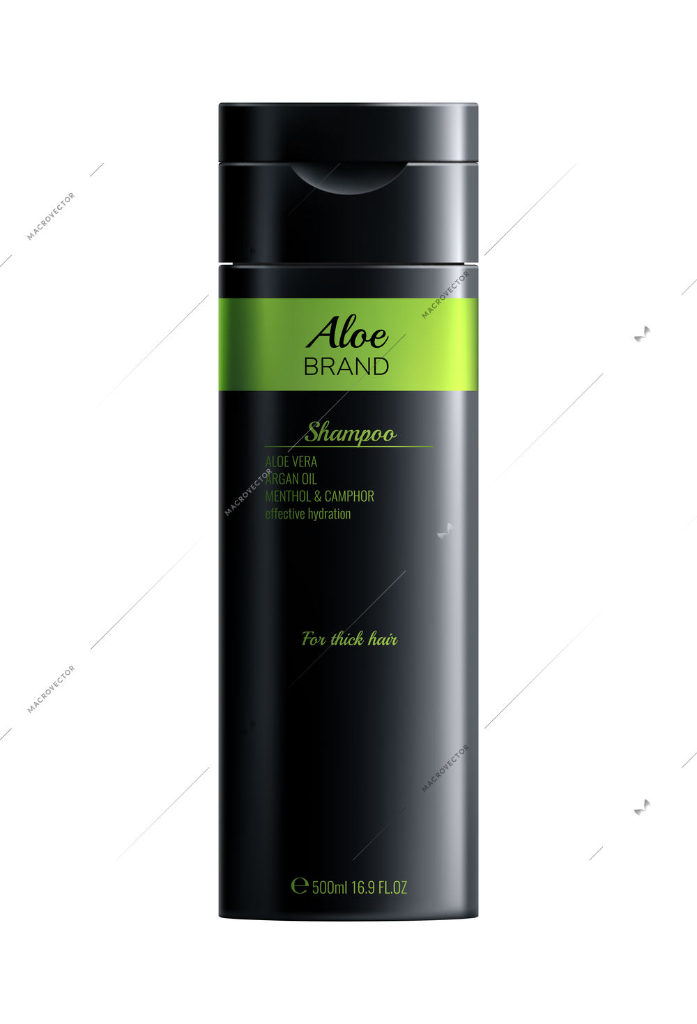 Realistic black bottle of hydrating aloe vera shampoo on white background vector illustration