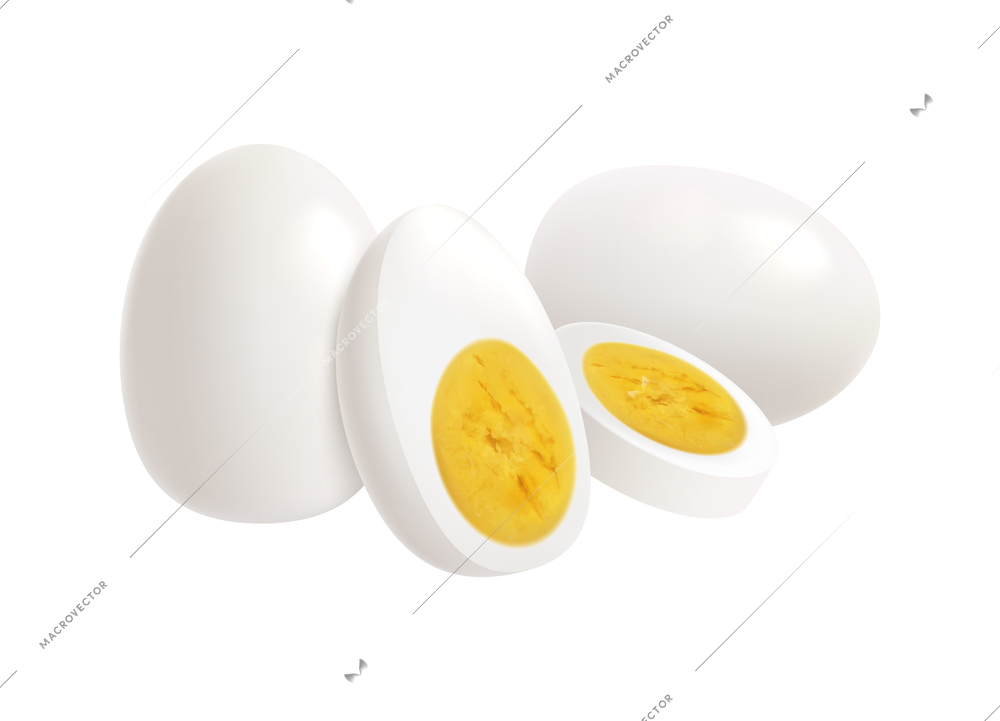 Uncooked and boiled hen eggs on white background realistic vector illustration