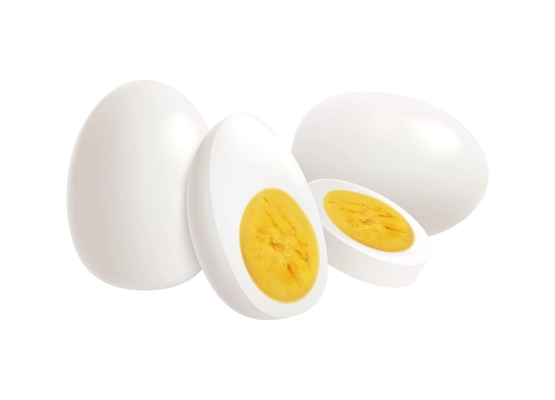 Uncooked and boiled hen eggs on white background realistic vector illustration