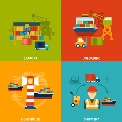 Seaport design concept set with unloading lighthouse shipment flat icons isolated vector illustration