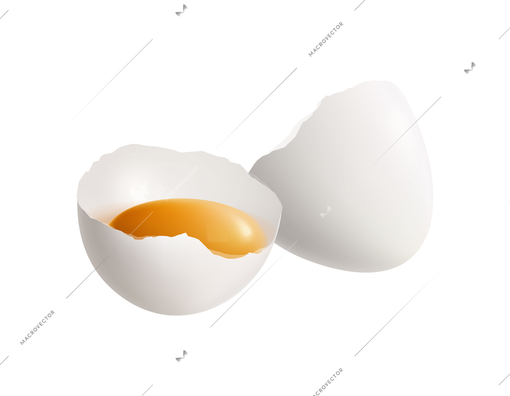 Two realistic halves of eggshell with yolk inside vector illustration