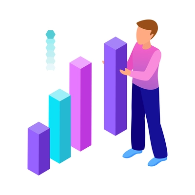 Isometric business analytics icon with human character and colorful bar graphs vector illustration