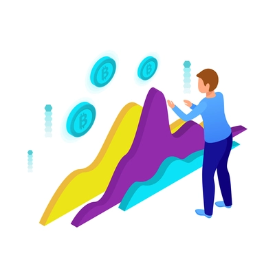 Business analytics isometric icon with cryptocurrency symbols financial charts and male character 3d vector illustration