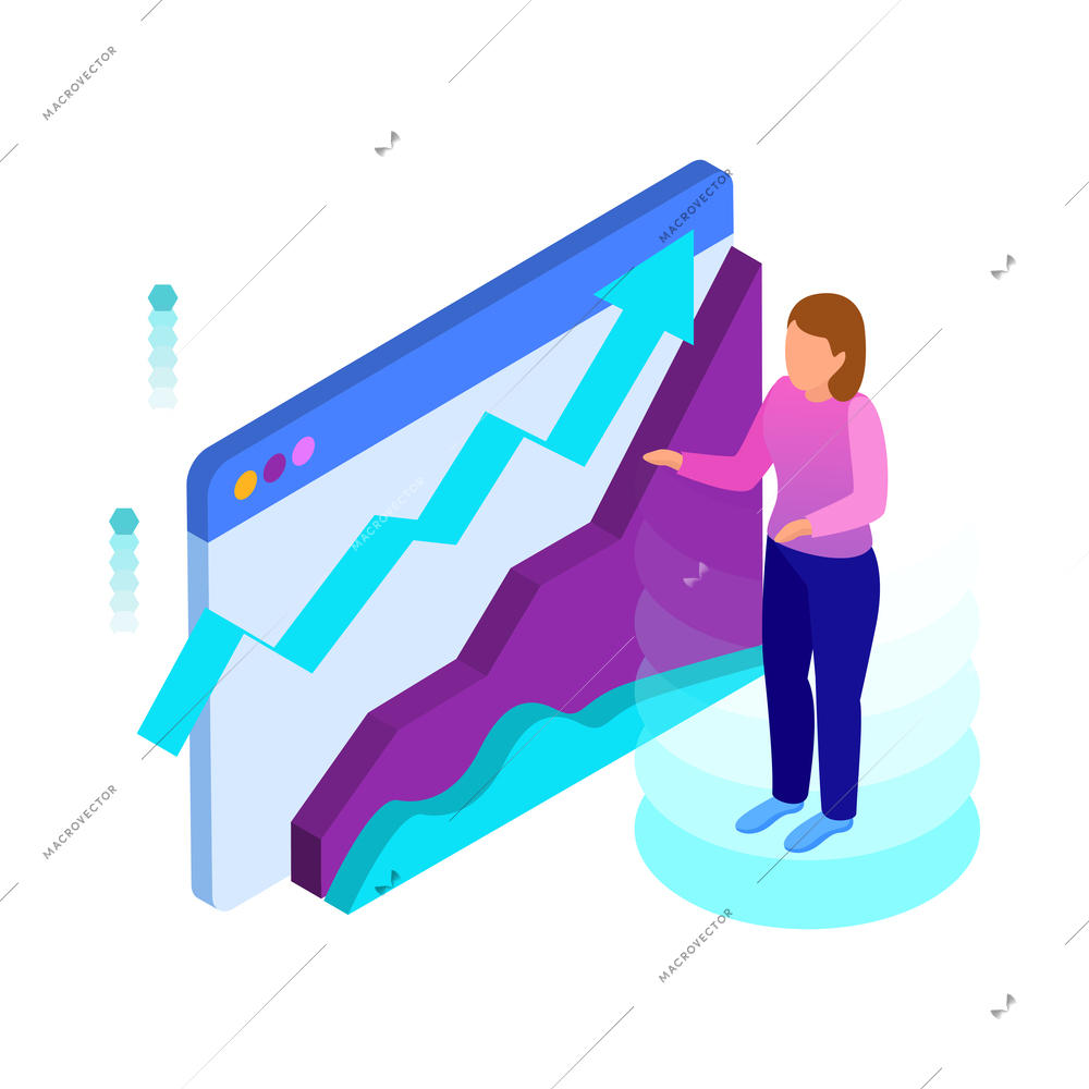 Business analytics isometric icon with financial charts and human character 3d vector illustration