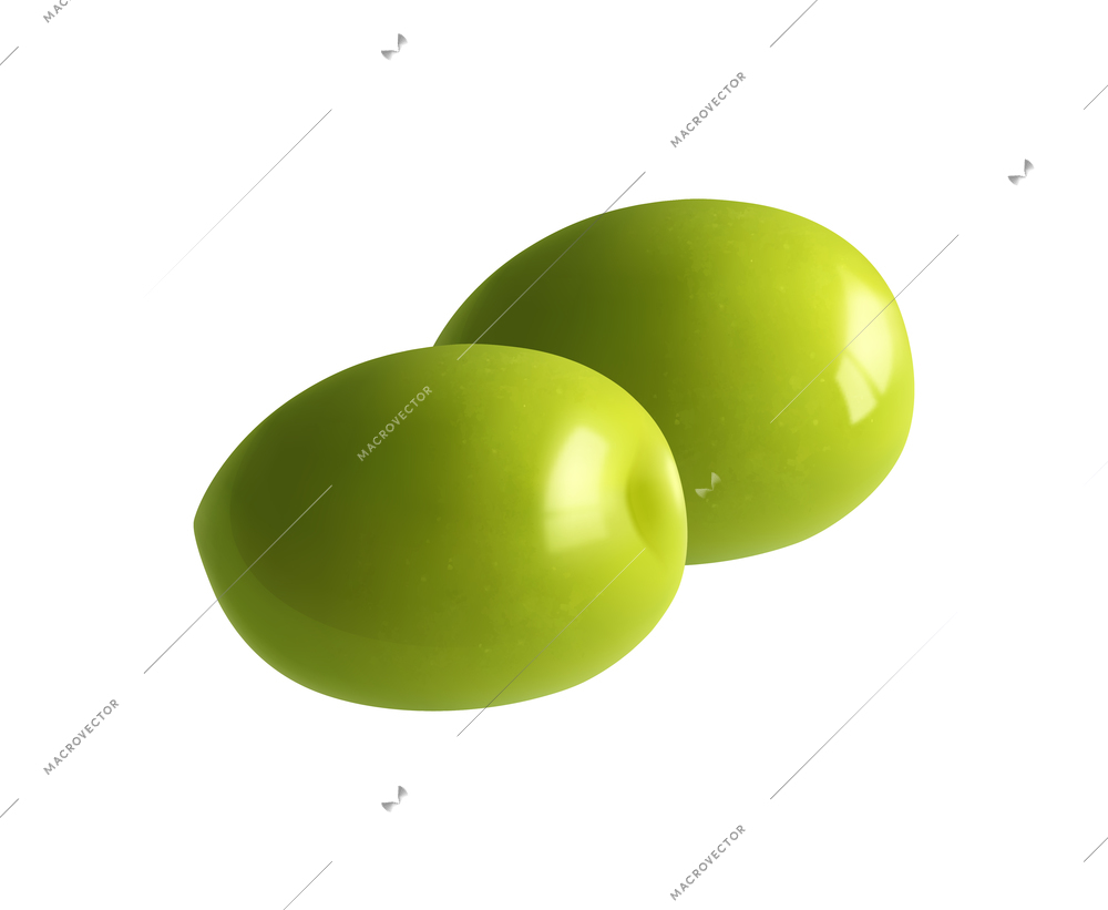 Two fresh green olives on white background realistic vector illustration