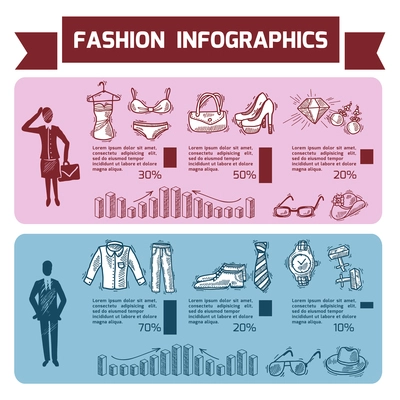 Fashion infographics set with male and female clothes underwear and accessories vector illustration