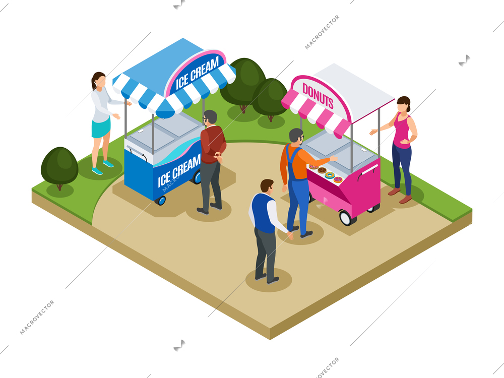 Street food carts isometric composition with people buying donuts and ice cream in park 3d vector illustration