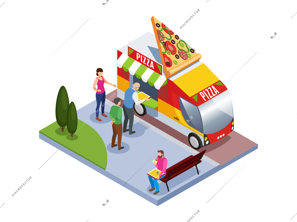 Isometric fast food truck composition with people buying pizza and having snack in park 3d vector illustration