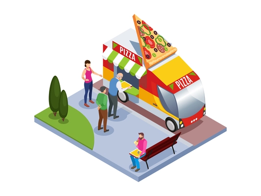 Isometric fast food truck composition with people buying pizza and having snack in park 3d vector illustration