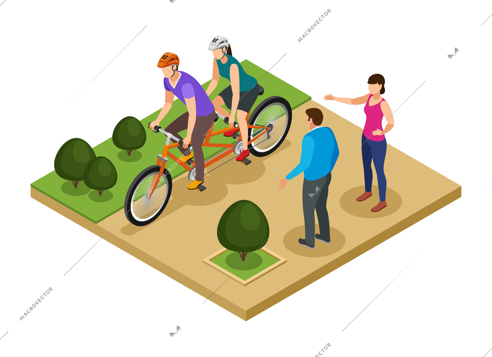 People watching cyclists riding tandem bicycle in city park 3d isometric composition vector illustration