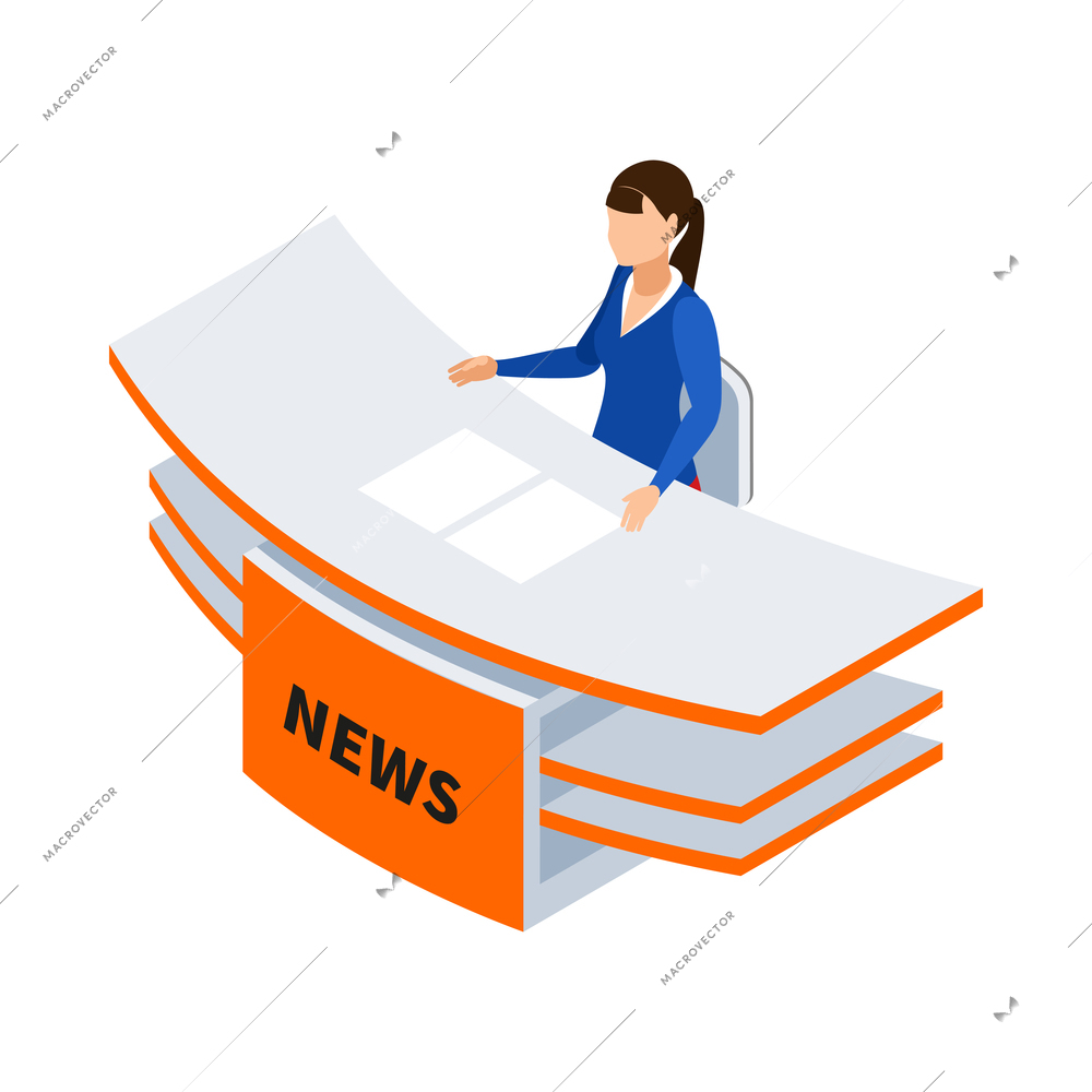 Broadcasting isometric icon with female tv anchor in studio 3d vector illustration