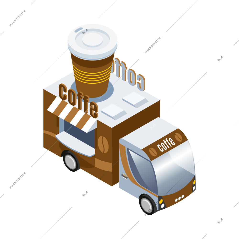 Isometric food truck selling coffee 3d vector illustration