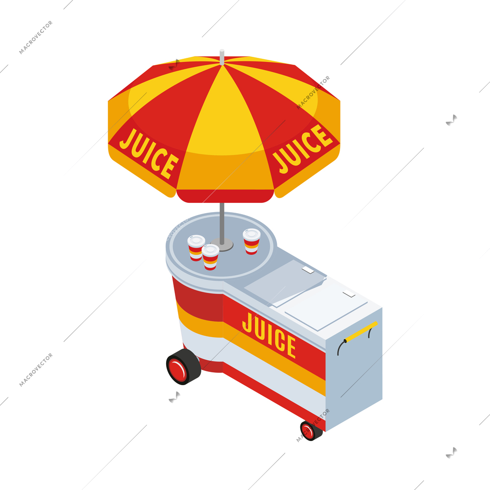 Isometric summer street cart with umbrella vending drinks juice 3d vector illustration