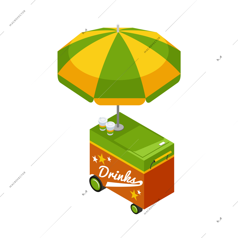 Isometric street cart with cold drinks 3d vector illustration