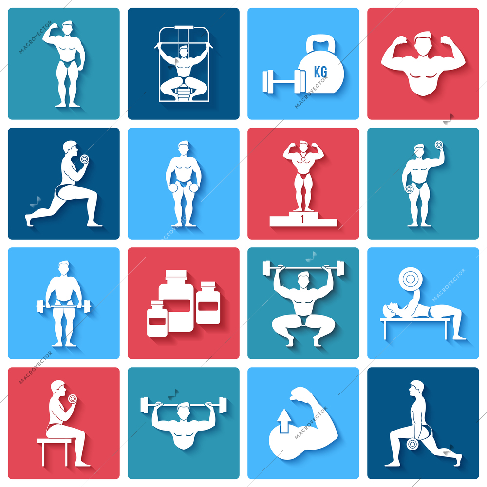 Bodybuilding gym fitness and power lifting icons set isolated vector illustration