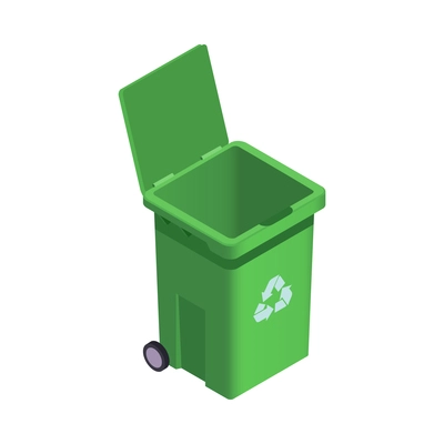 Garbage recycling sorting isometric icon with open green bin 3d vector illustration