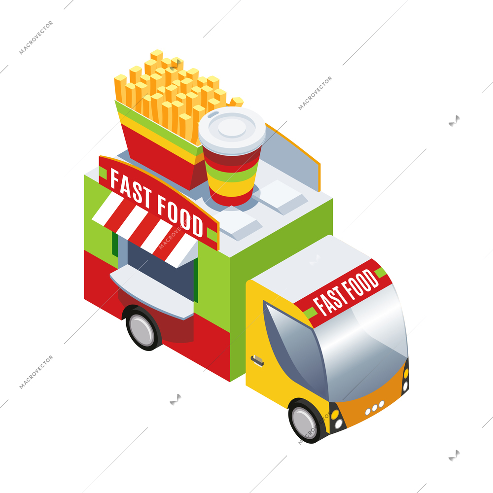 Colorful fast food truck on white background 3d isometric vector illustration