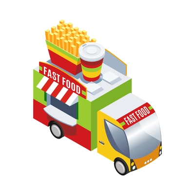 Colorful fast food truck on white background 3d isometric vector illustration