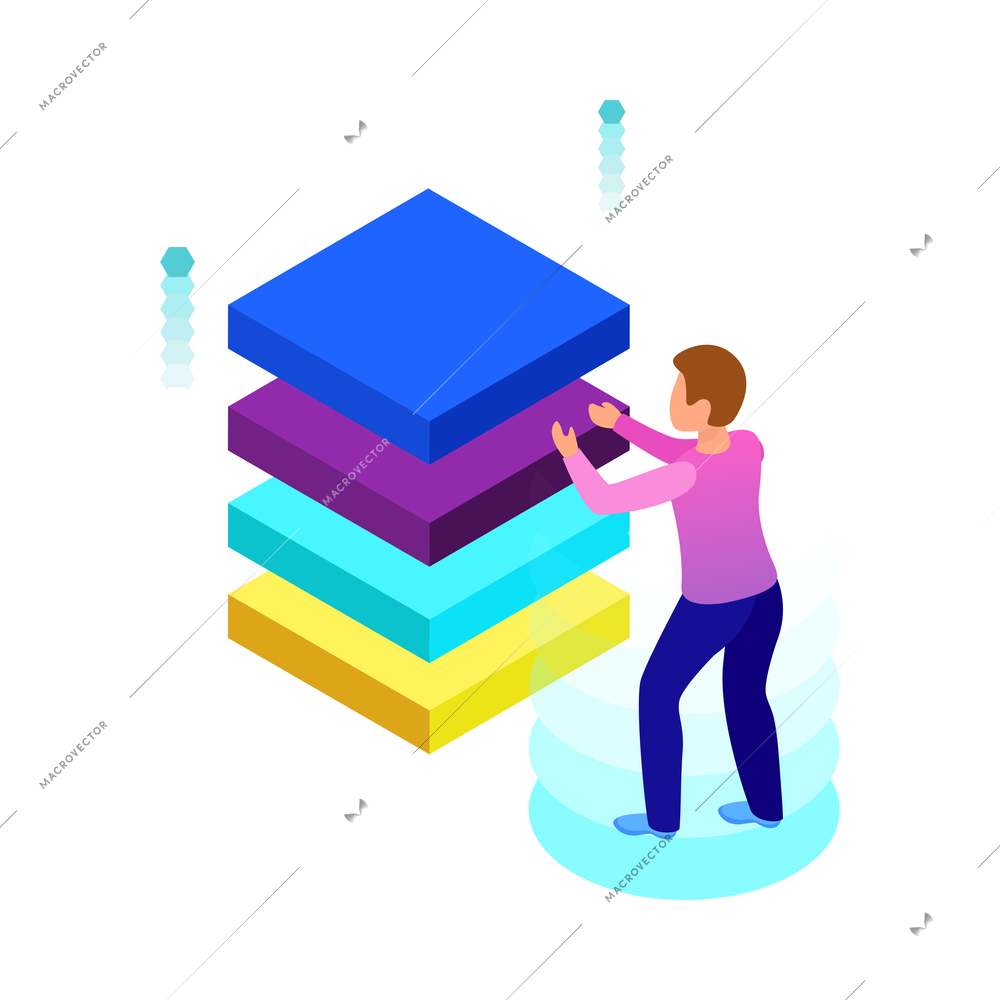 Isometric business analytics icon with human character and colorful infographic elements 3d vector illustration