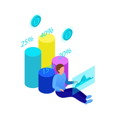 Isometric business analytics glowing icon with cryptocurrency symbols bar graphs percentage 3d vector illustration