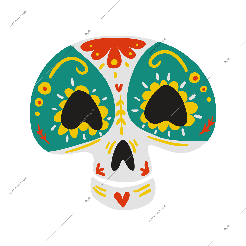 Mexican day of dead symbol flat icon with colorful patterned skull vector illustration