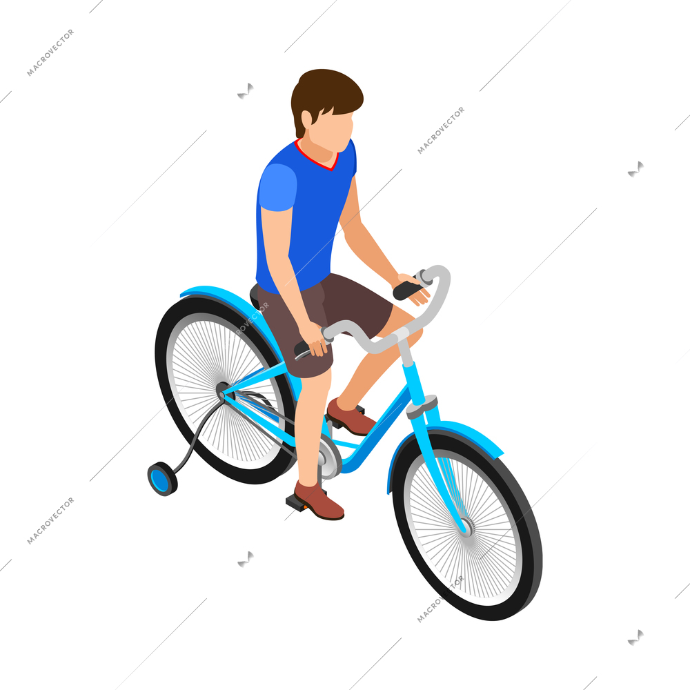 Boy riding blue four wheeled bicycle 3d isometric vector illustration