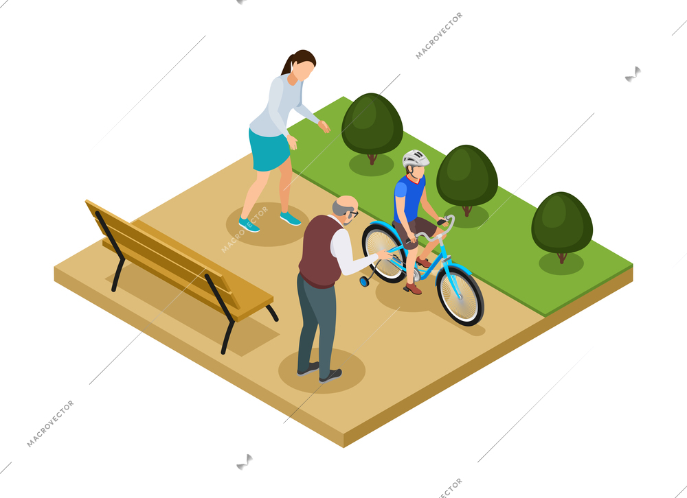 Boy in helmet learning to ride four wheeled bicycle in park with family isometric composition 3d vector illustration