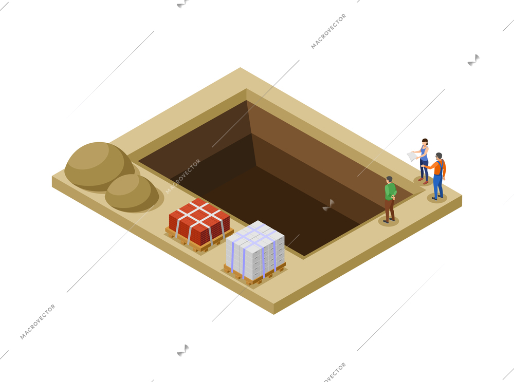 House construction phase icon with foundation pit materials and team of engineers 3d vector illustration