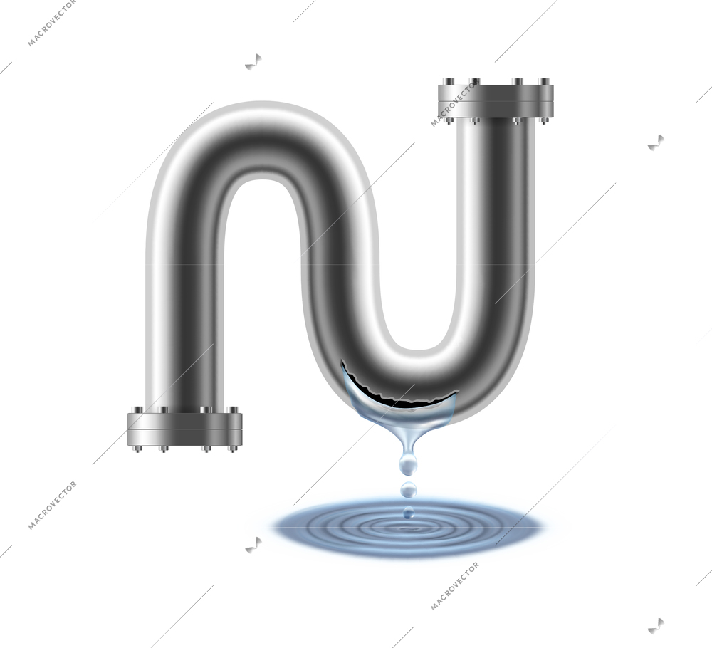 Realistic leaking water supply pipe on white background vector illustration