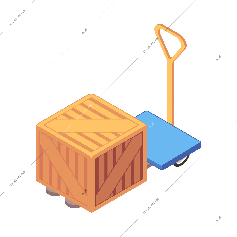 Isometric warehouse icon with hand pallet truck with wooden box 3d vector illustration