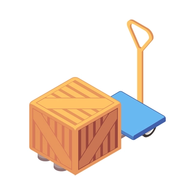 Isometric warehouse icon with hand pallet truck with wooden box 3d vector illustration