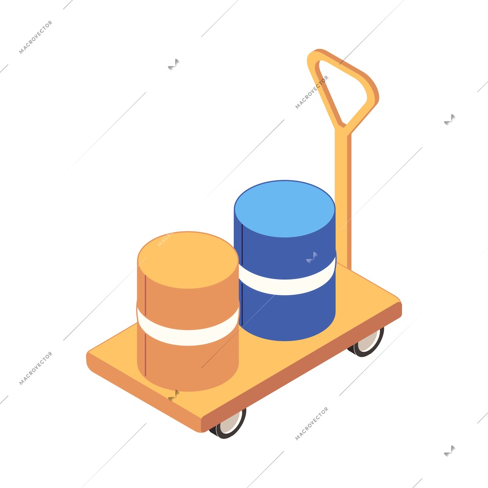 Warehouse logistics delivery isometric icon with two barrels on trolley 3d vector illustration