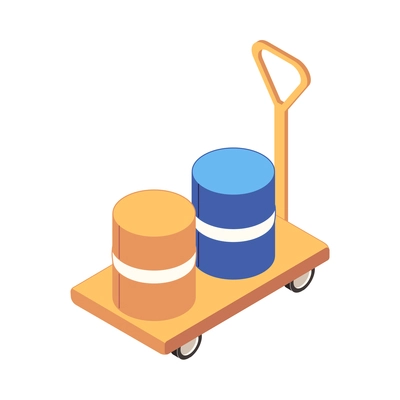 Warehouse logistics delivery isometric icon with two barrels on trolley 3d vector illustration