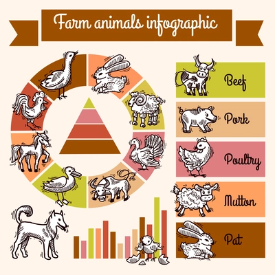 Farm infographics set with sketch animals and charts vector illustration