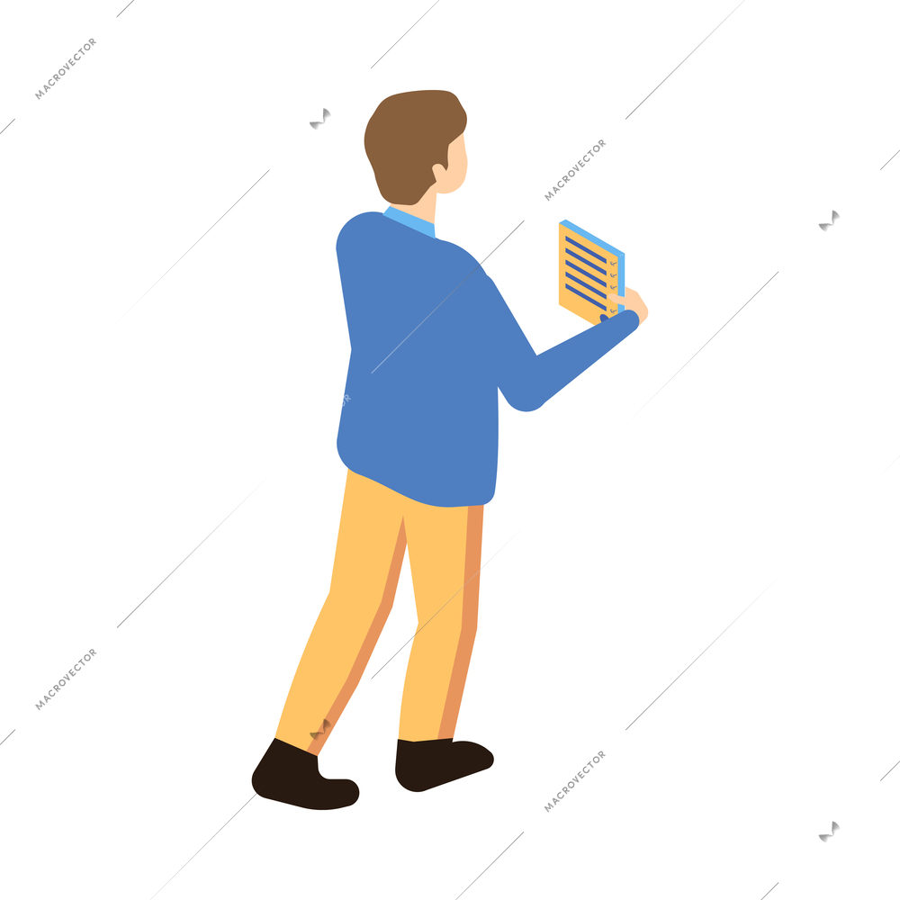 Isometric male character of warehouse worker back view 3d vector illustration