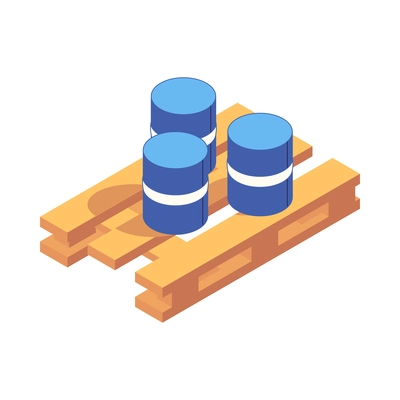 Warehouse isometric icon with three barrels on wooden pallet 3d vector illustration