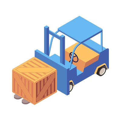 Isometric warehouse forklift with wooden box 3d vector illustration