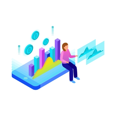 Business analytics glowing icon with financial charts on smartphone screen cryptocurrency symbols isometric vector illustration