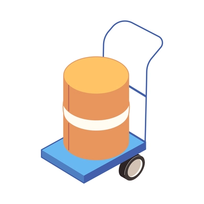 Delivery logistics isometric icon with barrel on trolley 3d vector illustration