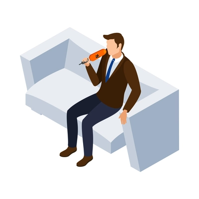 Isometric male tv show presenter with microphone on sofa in studio 3d vector illustration