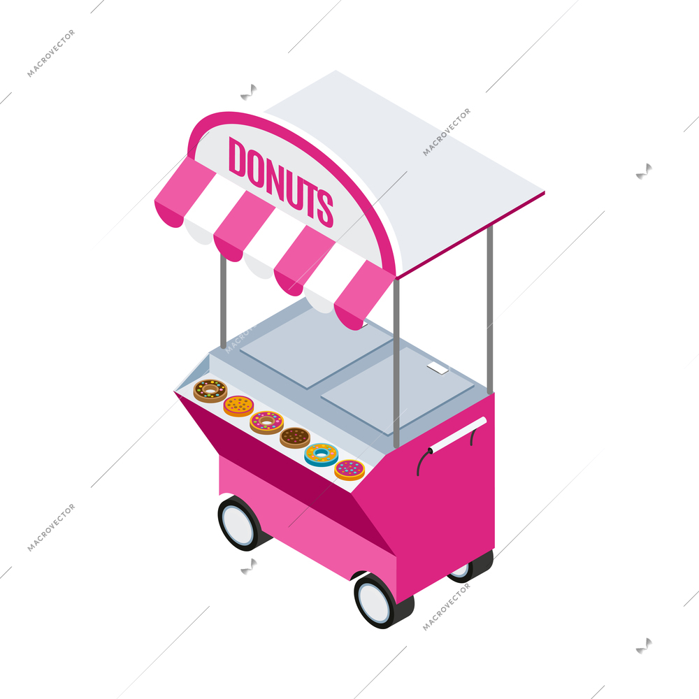 Isometric summer street cart selling donuts and cookies 3d vector illustration