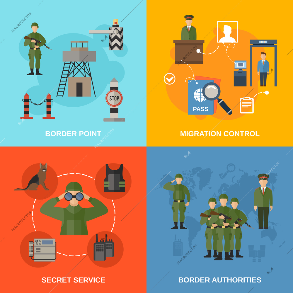 Border guard flat icons set isolated with migration control point secret service authorities isolated vector illustration