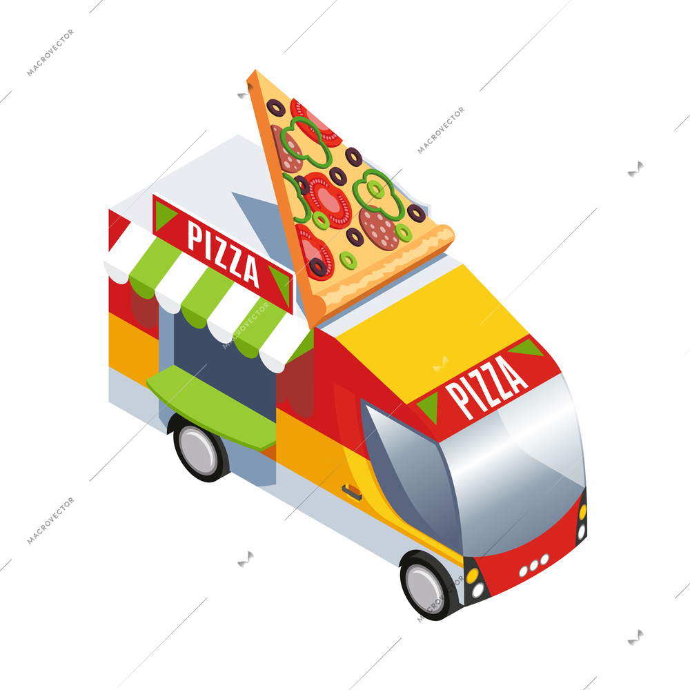 Street food truck selling pizza on white background 3d isometric vector illustration