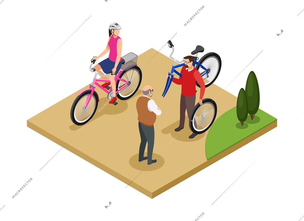 People riding bicycles in city park isometric composition 3d vector illustration