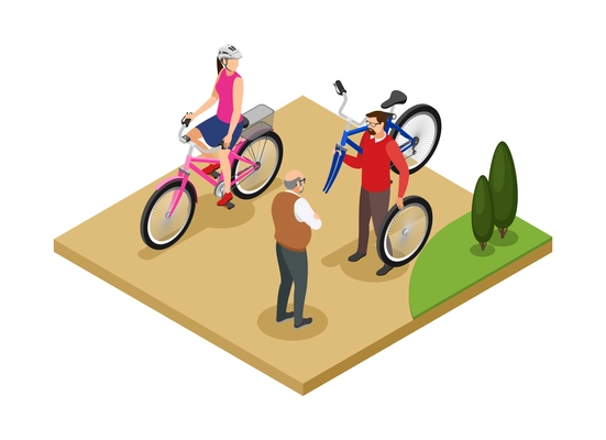 People riding bicycles in city park isometric composition 3d vector illustration