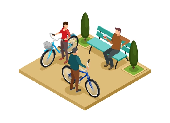 City park with man drinking coffee on bench and people with bicycles isometric composition 3d vector illustration