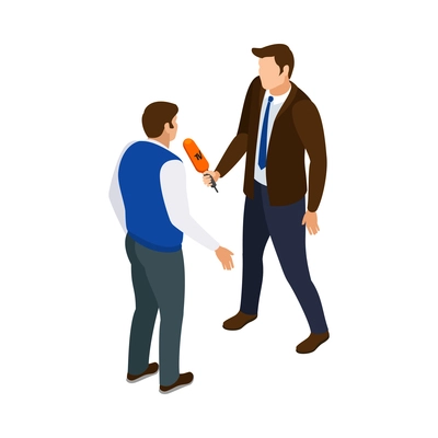 Broadcasting isometric icon set with tv reporter and man participating in interview vector illustration