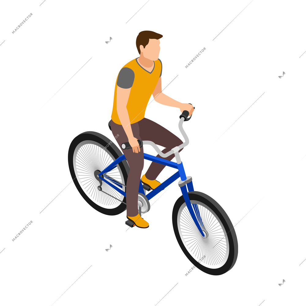 Isometric man riding bike on white background 3d vector illustration