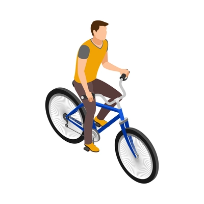 Isometric man riding bike on white background 3d vector illustration